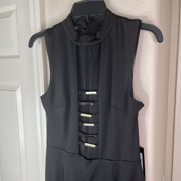 Bebe Bar Detail Jumpsuit Women’s Size Medium Black Gold Bar New - Picture 5 of 13